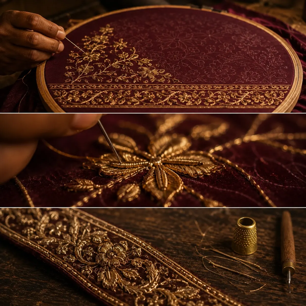 Hand zardozi embroidery in progress on burgundy silk