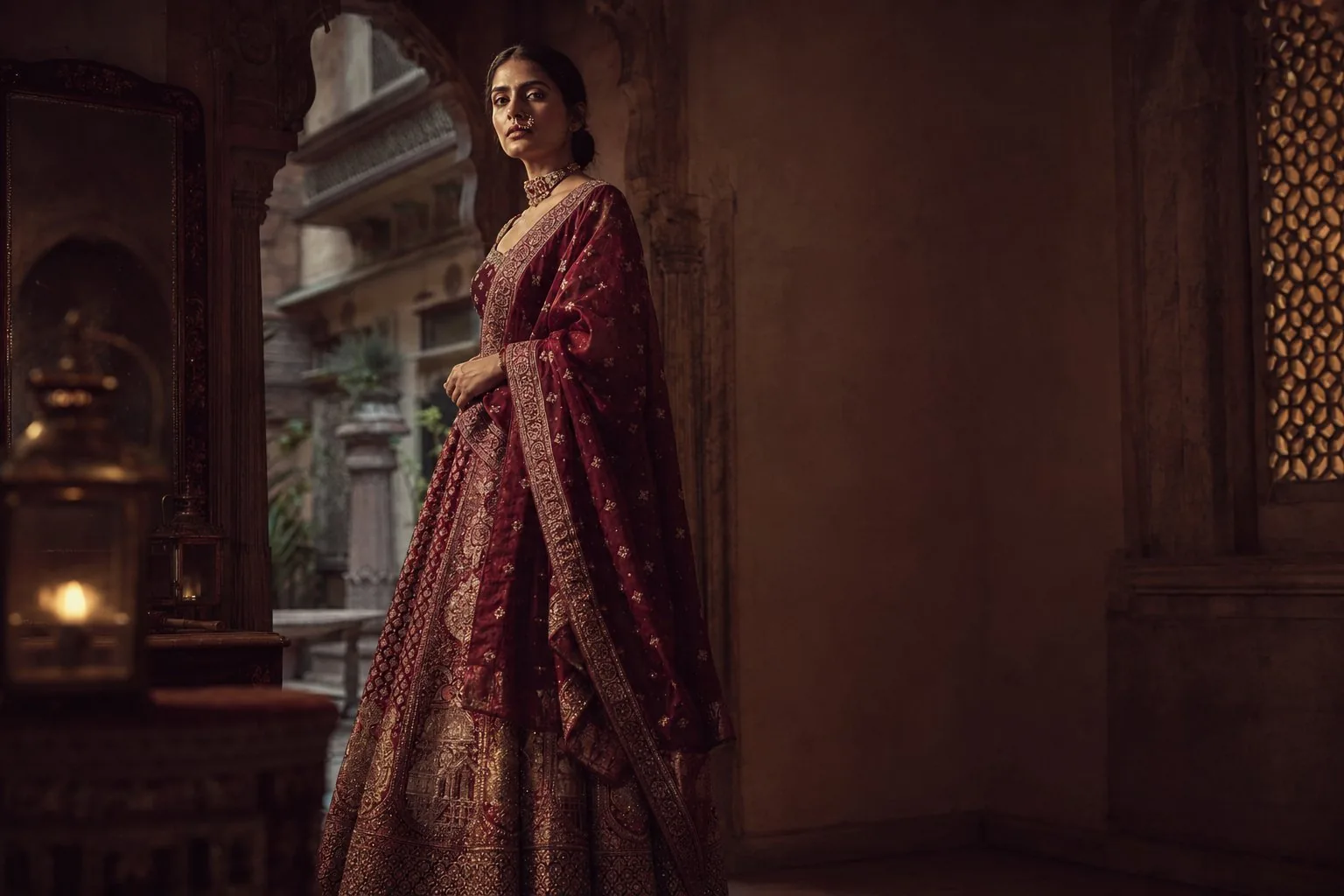 A bride in a Vermilion couture lehenga in an Old Delhi haveli courtyard at golden hour