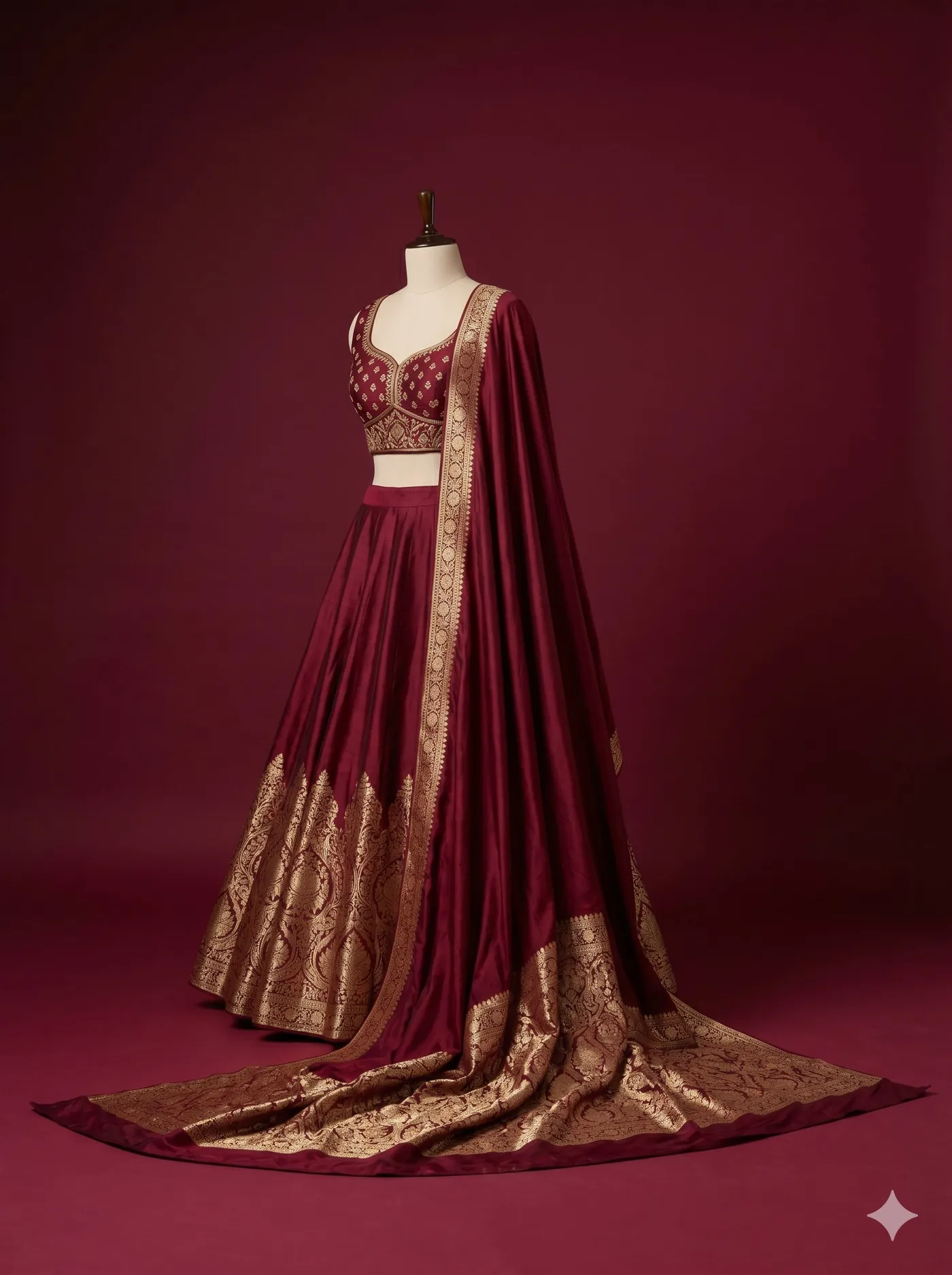 The Vrindavan Lehenga — deep claret Banarasi silk with antique zari work