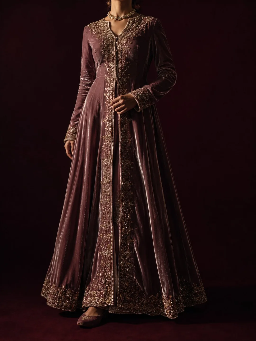 The Mughal Anarkali — mauve velvet with tilla and seed-pearl embroidery