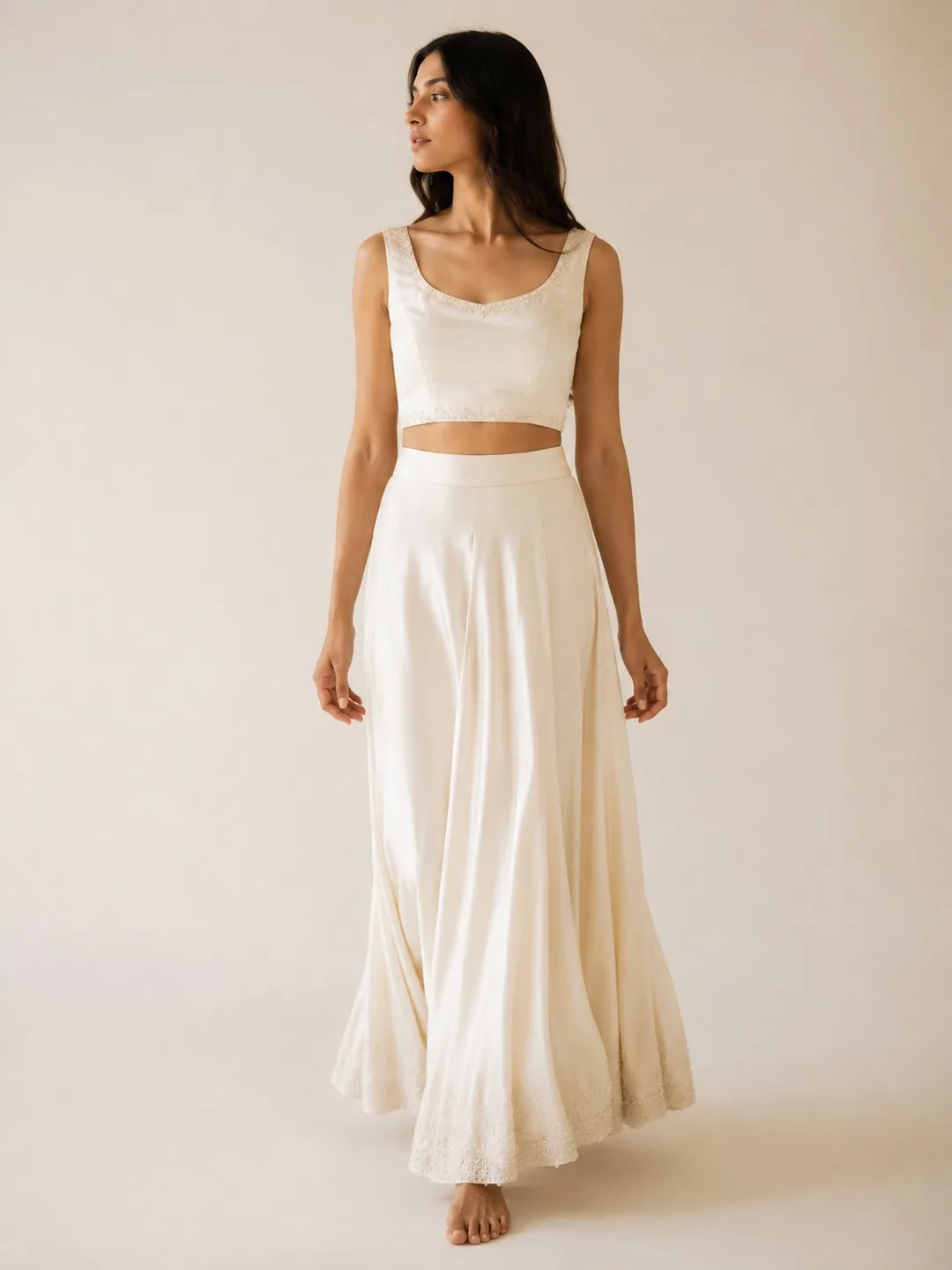 The Modern Bride Set — ivory silk crepe with seed-bead embellishment