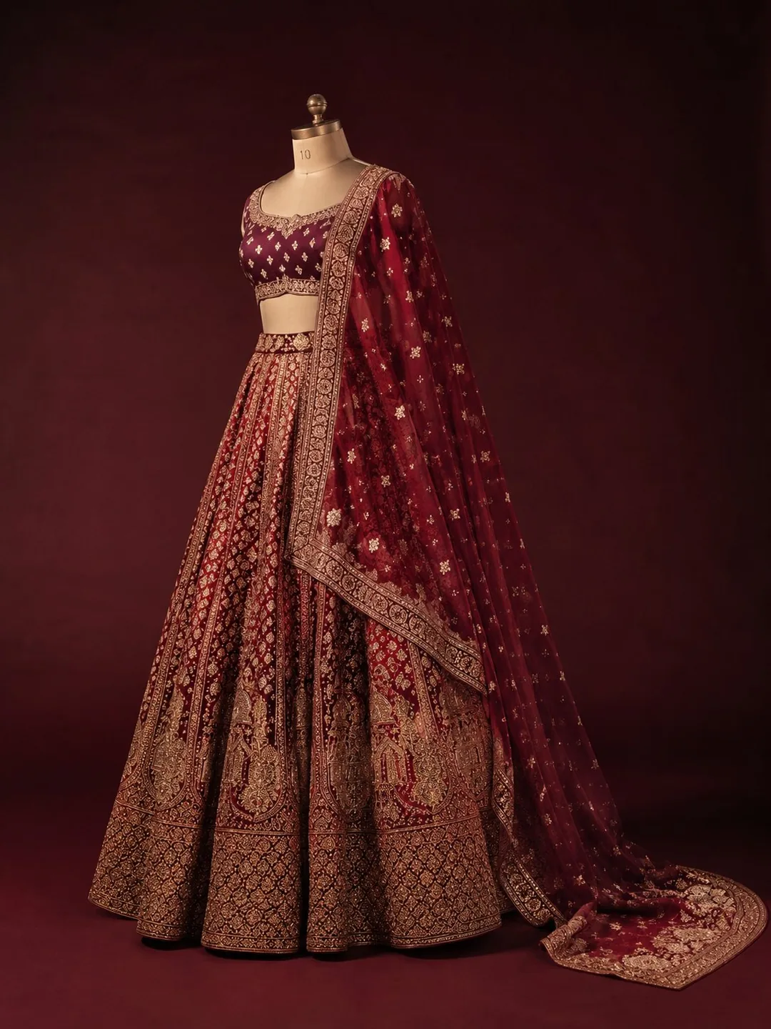 The Heritage Royal Lehenga — deep maroon silk with dense kalga-and-bel zardozi